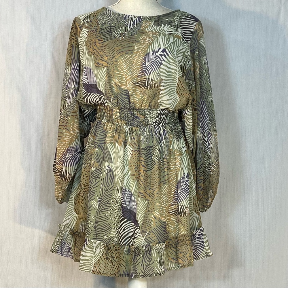 Rokoko Mini Dress Tropical Leaves Print Blouson Long Sleeves Smocked Waist S 👍